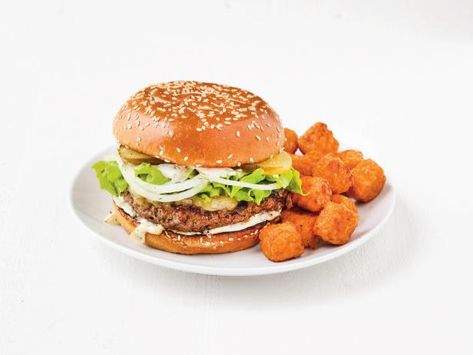 Dill Pickle Burgers, Pickle Burger, Dill Pickle Dip Recipe, Pickle Dip Recipe, Snowflake Ideas, Dill Pickle Dip, Sweet Potato Tots, Dill Pickle Slices, Freeze Sweet Potatoes