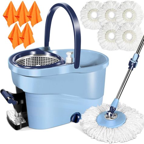 The mop bucket has a 2-in-1 design, which is divided into a washing side and a drying side, with cleaning device on both sides. Attach the mop to the cleaning device, open the locking button on the handle, pull the mop up and down a few times to quickly clean or dry the mop. The mop bucket has a foot pedal on the side so you can dry the mop quickly, which saves time and effort. Ideal for home and commercial use. Hardwood Tile Floor, Mop And Bucket, Push Broom, Cleaning Games, Cleaning Buckets, Detergent Dispenser, Cleaning System, Spin Mop, Broom And Dustpan