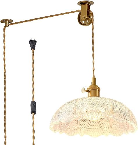 Oyisen Hanging Lamp Plug in,Golden Adjustable Light Cord Plug in Overhead Light 9.8 Inch Glass Lampshade Plug in Light Fixture Vintage Plug in Pendant Light - Amazon.com Swag Light Fixture, Light Fixtures Kitchen Island, Mobile Home Makeover, Overhead Light, Plug In Pendant Light, Swag Lamp, Swag Light, Glass Lampshade, Overhead Lighting