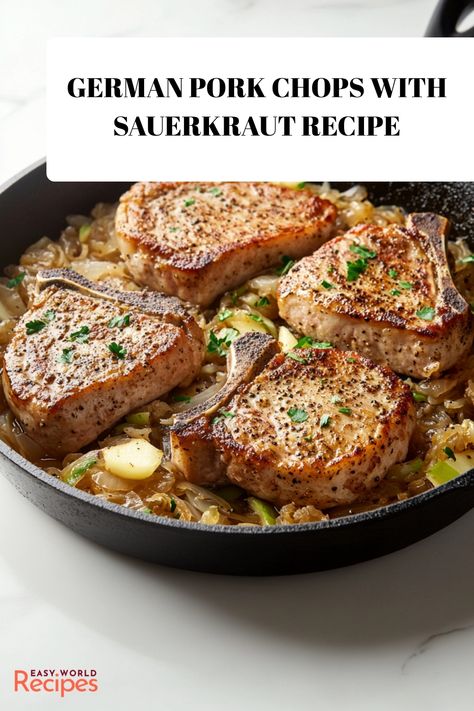 Experience an authentic German Pork Chops and Sauerkraut recipe that brings the traditional flavors of German cuisine to your table. This hearty pork dish, enhanced with sauerkraut and green apples, is perfect for a cozy family dinner. Pork Chops With Sauerkraut And Apples, Dinner Recipes With Sauerkraut, Pork Chops And Sauerkraut Instant Pot, Iowa Pork Chop Recipes, Pork Chops With Sauerkraut, German Pork Chops, Panko Pork Chops, Pork Chops And Sauerkraut, German Sauerkraut