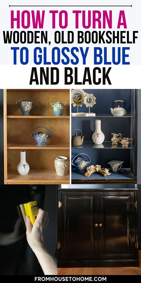 If you have a boring bookshelf that needs an update, this glam bookcase makeover may be just what you're looking for. With glossy black paint that looks like lacquer, glass shelves and shelf lighting, you won't believe the difference between the "before" and "after". Wood Bookshelf Makeover, Painted Desks Ideas, Painted Desks Ideas Colors, Organizing Ideas Bathroom, Blue Bookshelf, Bathroom Organizing Ideas, Painted Desks, Diy Glam Decor, Blue Bookshelves