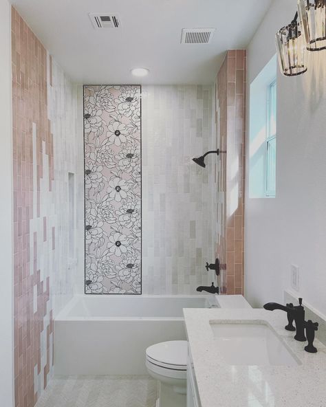 For a floral, feminine touch in this bathroom @edesignhomelv uses our Botanicals collection porcelain tile in Blush Peony. Charming and whimsical. #walkerzanger #walltile https://bit.ly/3dlll29 Floral Tile Bathroom, Walker Zanger Tile, Statement Walls, Blush Peony, Wooden Beams Ceiling, Walker Zanger, Floral Tile, Floral Bathroom, Elegant Tiles