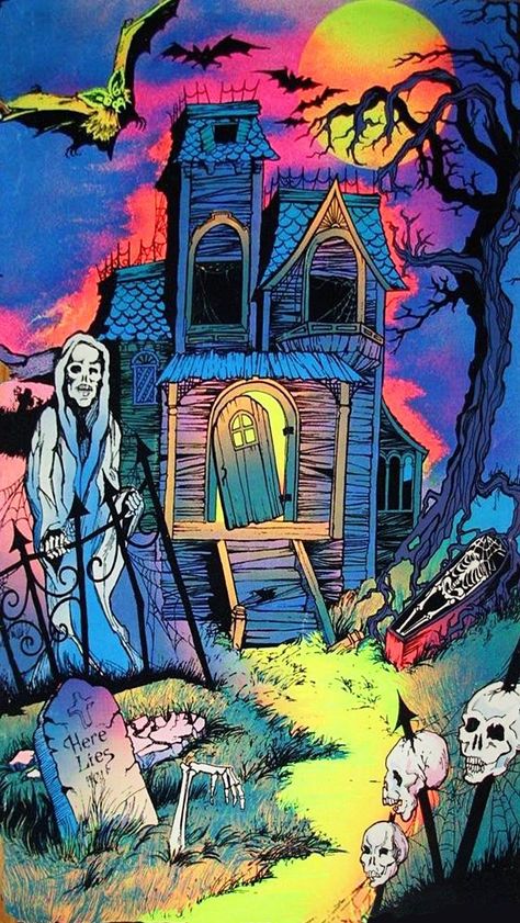 SECRET FUN BLOG Halloween Houses, Graveyard Scene, Blacklight Posters, Nail Art Halloween, Image Halloween, Art Hippie, Cartoon Halloween, New Retro Wave, Halloween Artwork