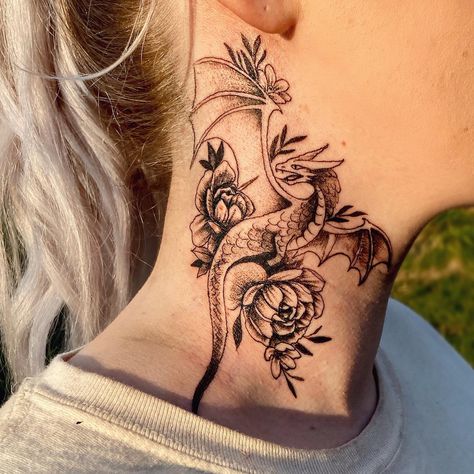 Dragon Tattoo Neck Men, Neck Tattoos Women Dragon, Dragon Neck Tattoo For Women, Dragon Throat Tattoo, Women Neck Tattoo Ideas Side, Neck Dragon Tattoo, Feminine Neck Tattoos For Women, Women’s Neck Tattoos, Side Neck Tattoo For Guys Ideas