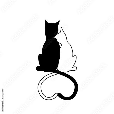 Two Cat Silhouette, Two Cats Sitting Together Drawing, Cats With Heart Tail, Cat Heart Drawing, Cat Silhouette Drawing, Cat Couple Drawing, Cats In Love Drawing, Cats Couple, Cat Tatto