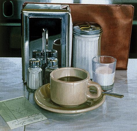 Photorealism’s Journey to Hard-Won Art-World Respect 50s Cafe Aesthetic, Old Diner, Diner Coffee Aesthetic, Diner Concept Art, Vintage Coffee Photography, Cafe Table, Early 2000s Coffee Shop Aesthetic, Famous Diner Painting, Coffee Cup Cafe