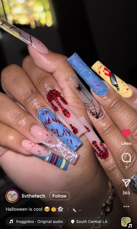 Exotic Halloween Nails, Birthday Scorpio Nails, Halloween Nails Horror Movies, Halloween Nails Unique, Halloween Nails Chucky, Wednesday Inspired Nails, Halloween Junk Nails, Chucky Inspired Nails, Gemini Nail Art