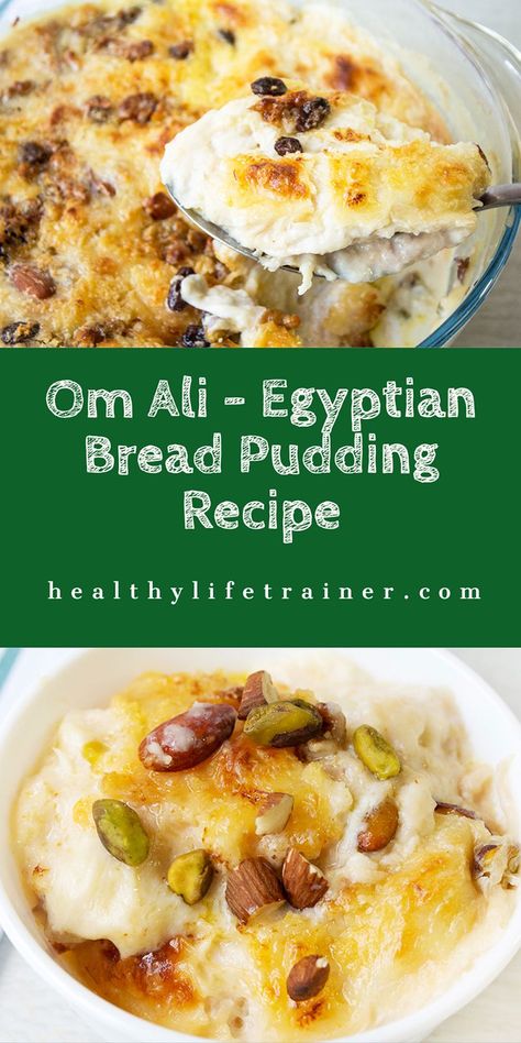 Om Ali – A crazy delicious traditional Egyptian dessert made mainly with three essential ingredients; puff pastry, milk and nuts. #mediterraneandesserts #mediterraneandessertrecipes #om-alidessert #om-alidessertrecipe #om-alirecipe Om Ali Desserts, Egyptian Bread Pudding, Ancient Egyptian Recipes, Vegan Egyptian Recipes, Egyptian Recipes Authentic, Arabian Food Recipes, Om Ali Recipe, Egyptian Bread Recipe, Egyptian Dessert Recipes