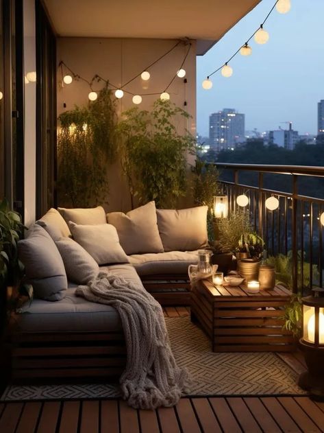 Outdoor Balcony Inspiration, Terrace Apartment Ideas, Outdoor Patio Balcony Ideas, Led Lights Balcony, Long Balcony Decor, Apartment Balcony Lighting Ideas, Small Balcony Layout, Balcony Inspo Decorating Ideas, Patio Design Apartment