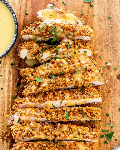 Super easy Pecan Crusted Chicken with the most delicious honey mustard sauce perfect for busy weeknights or special occasions. #pecancrustedchicken #chickendinner #recipe Chicken With Honey Mustard Sauce, Chicken With Honey Mustard, Chicken With Honey, Pecan Crusted Chicken, New Recipes For Dinner, Jo Cooks, Pecan Chicken, Favorite Recipes Chicken, Chicken Appetizers