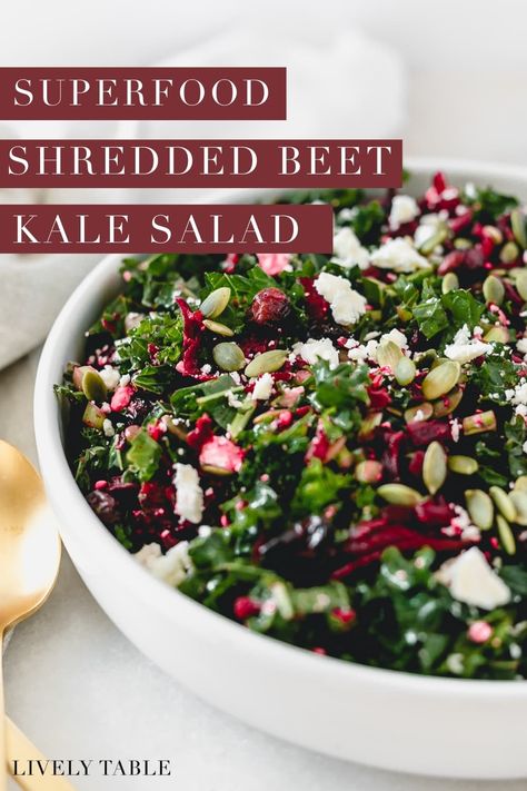 This delicious shredded beet and kale superfood salad is loaded with nutritious ingredients like kale, roasted beets, pumpkin seeds, and dried cherries. It's the perfect healthy winter salad! (gluten-free, vegetarian, vegan option) Simple Soups, Beet Salad Recipes, Pomegranate Salad, Superfood Salad, Beetroot Salad, Veggie Dinner, Weekly Meals, Green Recipes, Pickled Beets