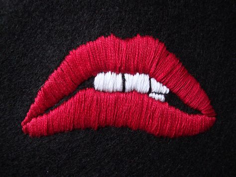 Embroidery of the lips from the Rocky Horror Picture Show Rocky Horror Lips, Embroidery Tshirt Ideas, Rocky Horror Picture Show Crochet, Rocky Horror Embroidery, Tshirt Embroidery, Rocky Horror Picture Show Embroidery, Rocky Horror Picture Show Lips Tattoo, Rocky Horror Picture Show Cross Stitch, The Rocky Horror Picture Show