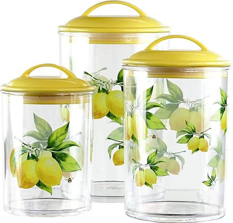 Lemon Kitchen Decor, Lemon Kitchen, Kitchen Canister Set, Acrylic Storage, Lemon Decor, Pantry Shelf, Storage Canisters, Yellow Kitchen, Honey Bees