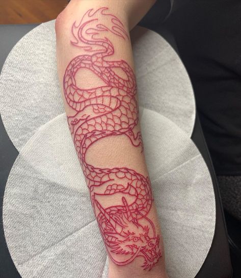 Forearm Tattoo Women Linework, Dragon Linework Tattoo, Dragon Tattoo Forearm, Dragon Hand Tattoo, Dragon Tattoo Arm, Red Dragon Tattoo, Around Arm Tattoo, Minimal Tattoos, Red Tattoo