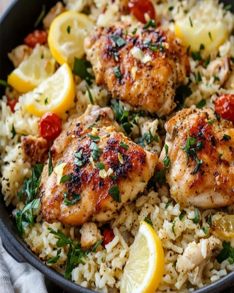 Try this delicious Greek Chicken and Lemon Rice recipe! A healthy, gluten-free, one-pot dinner ready in just 30 minutes Greek Chicken With Lemon Rice And Feta, Easy One Pot Chicken And Rice The Mediterranean Dish, Greek Chicken And Lemon Rice One Pot, Greek Chicken And Rice Bake, One Pot Greek Chicken And Rice, Greek Chicken And Lemon Rice, Greek Lemon Chicken And Rice, One Pot Mediterranean, Greek Chicken And Rice