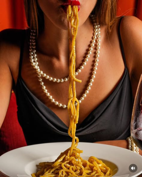 Woman Eating Pasta Photography, Restaurant Model Photoshoot, Fun Food Photoshoot, Eating Spaghetti Aesthetic, Food Model Photoshoot, Spaghetti Editorial, Bold Food Photography, Creative Restaurant Photography, Dinner Party Photoshoot