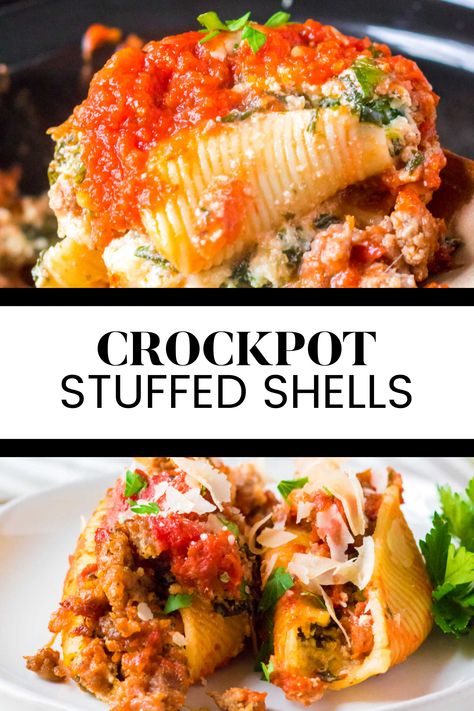 Two image collage of crockpot stuffed shells. First image is a spoon lifting a stuffed shell from the slow cooker. Second image is two stuffed shells on a white plate. Crockpot Shells, Crockpot Stuffed Shells, Ricotta Shells, Sausage And Pasta, Dinner Recipes Delicious, Simply Stacie, Jumbo Pasta Shells, Cheese Stuffed Shells, Shells Recipe