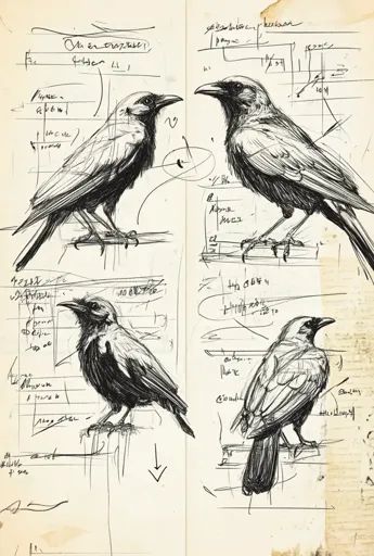 ↑↑↑ Larger size on website 🔸 The image is a drawing of four crows, likely from a sketchbook. Each crow is drawn in a slightly dif Crow Scientific Illustration, Crow Head Drawing, Crow Ink Drawing, Crow Illustration Vintage, Crow Drawing Reference, Crow Line Drawing, Crow Art Drawing, Crow Reference Drawing, Fox And Crow