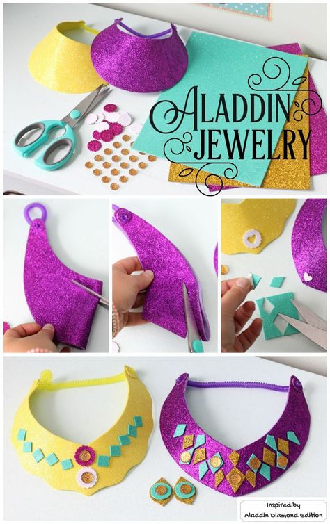 Easy to make glitter Princess Jasmine necklace and stick on earrings craft. Mess free, perfect Aladdin party kids craft. Inspired by Disney’s Aladdin Diamond Edition. Now on Blu-ray™, Digital HD & Disney Movies Anywhere. Jasmine Necklace, Princess Jasmine Party, Aladdin Musical, Aladdin Birthday Party, Princess Jasmine Birthday Party, Arabian Nights Party, Princess Jasmine Birthday, Aladdin Party, Jasmine Party