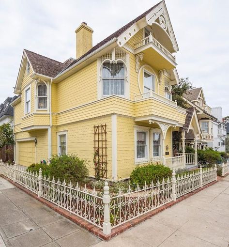 Victorian Yellow House The Daffodil for sale in Pacific Grove CA is on a corner lot so we can easily see all her pretty details. #VictorianHouse Victorian Facade, Dream Architecture, Boston Architecture, Queen Anne House, Victorian Village, Victorian Style Homes, Yellow House, House Names, Pacific Grove