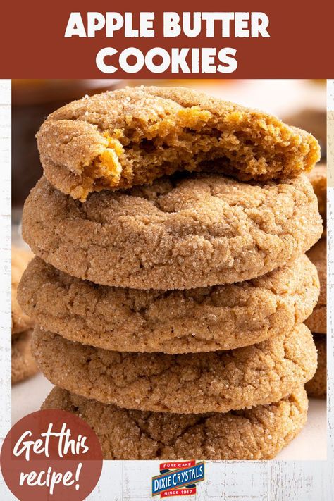 A cross between a snickerdoodle and a sugar cookie, these Apple Butter Cookies are a delightful Fall treat. We've baked the sweet and spicy flavor of apple butter directly into this recipe. These soft and chewy cookies can be made with store-bought apple butter, or you can make your own with our homemade Cider Apple Butter recipe. Just 10 minutes of prep time! Cookies With Apple Butter, Ooy Gooy Butter Cookies, Apple Butter Snickerdoodle Cookies, Apple Butter Baking Recipes, Apple Butter Baked Goods, Things To Make With Apple Butter, Apple Butter Cookie Recipe, Recipes That Use Apple Butter, Apple Butter Snickerdoodles