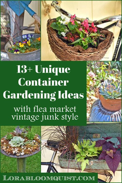 Looking for unusual garden planter ideas? You'll love these 13+ unique container gardening ideas if you love flea market style. Vintage junk finds add repurposed garden decor style to your yard when planted with flowers and succulents. Anything old can be upcycled into creative outdoor garden planters with these ideas. Unusual Planters Ideas, Unusual Garden Planters, Flowers And Succulents, Garden Planter Ideas, Container Gardening Ideas, Unusual Planter, Flea Market Gardening, Unique Garden Art, Garden Organization