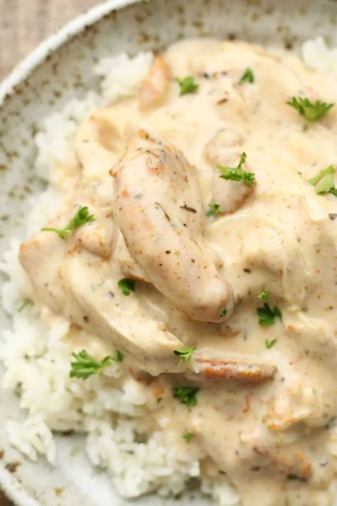 Instant Pot Melt in your Mouth Chicken--tender chicken in a creamy sauce served over rice. All made together in your pressure cooker. Mouth Chicken, Melt In Your Mouth Chicken, Creamy Chicken Recipes, Creamy Chicken And Rice, Ip Recipes, Chicken Tender, Instant Pot Air Fryer, Creamy Rice, Pressure Cooker Chicken