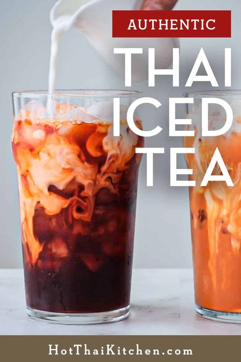 Thai iced tea made just like in Thailand. With hacks for making Thai tea using regular black tea leaves and also vegan modifications. Tai Tea, Thia Food, Thai Iced Tea Recipe, Thai Tea Boba, Thai Mat, Thai Tea Recipes, Flavored Iced Tea Recipes, Thai Iced Coffee, Thai Coffee