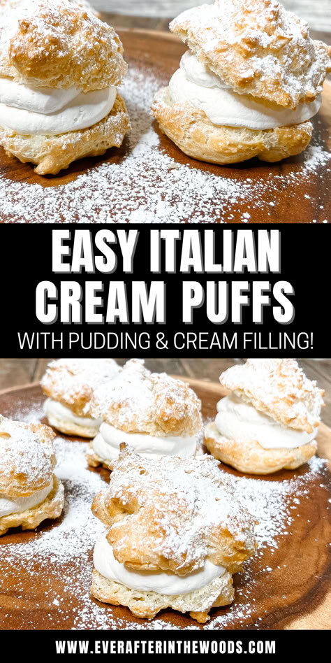 Cream Puffs Cream Puff Recipes Homemade, Cannoli Cream Puffs, Italian Cream Filling, Pastry Shell Fillings, Holiday Cream Puffs, Cream Puff Filling With Instant Pudding, Italian Cream Puffs With Custard Filling, Cream Filled Pastries, Creme Puffs Recipe