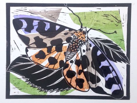 Tiger Moth Linocut by Alison Headley Selling on Etsy and Artfinder Insects Project, Alison Headley, Moth Linocut, Print Making Designs, Woodcut Printing, Printmaking Ideas, 7th Grade Art, Woodcut Art, Tiger Moth