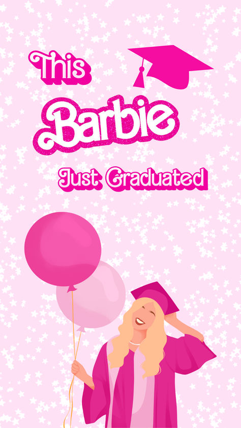 A light pink background with white stars covering it. It reads "This Barbie just graduated" at the top in the Barbie font. Below the wording is a Barbie. Different skin tones and hair colors for each Barbie. Quotes For Graduation Caps, Nurse Barbie, Graduation Things, Nursing School Graduation Party, Themed Wallpapers, Girly Drinks, Printable Wall Poster, Phone Wallpapers Vintage, Printable Wall Collage