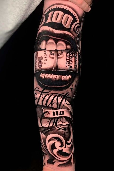 Money Tattoo Ideas, Dollar Tattoo, Casino Tattoo, Skull Girl Tattoo, Forearm Band Tattoos, Gangsta Tattoos, Money Tattoo, Men Tattoos Arm Sleeve, Cool Forearm Tattoos