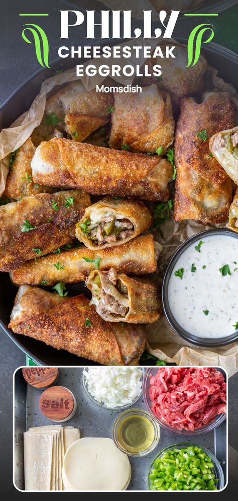 Philly Cheesecake Eggrolls, Philly Egg Roll Recipes, Egg Roll Appetizers For Party, Philly Cheese Egg Rolls Recipe, Italian Beef Egg Rolls, Philly Steak Egg Rolls, Baked Egg Rolls Recipe, Non Traditional Egg Rolls, Eggroll Appetizers