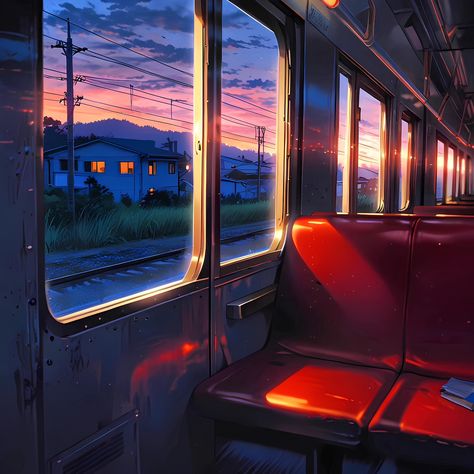 Taking that train ride home at sunset was always special. The way the light poured in through the windows and cast soft shadows on the seats... it had this calming rhythm, you know? The sound of the train on the tracks, and the countryside passing by... It felt like a perfect, bittersweet ending to the day. I still think about those moments. #anime #manga #art #animeart #kawaii #japanese #aesthetic #vibes #nostalgia #oldtimes #90s #00s Japanese Train, 00s Aesthetic, Train Ride, Aesthetic Vibes, Kawaii Design, Japanese Aesthetic, Kawaii Aesthetic, 90s Nostalgia, Through The Window