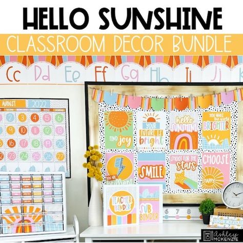 You Are My Sunshine Classroom Theme, Sunshine Classroom Theme, Sunshine Classroom Decor, Toddler Classroom Decorations, Sunshine Classroom, High School Classroom Decor, Colorful Classroom Decor, Planner Binder Cover, Retro Classroom