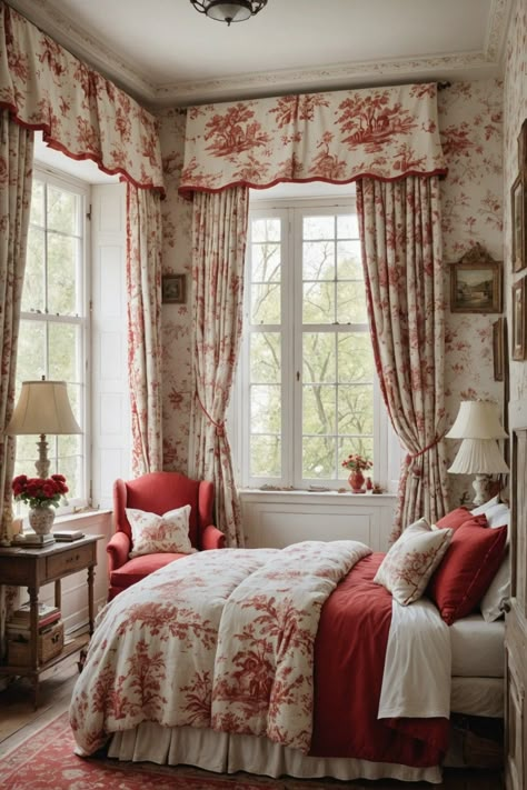 French Country Cottage Bedroom Ideas, Red Toile Bedroom, French Country Cottage Bedroom, New Classic Bedroom, English Country Decor Living Room, French Country Curtains, Cottage Rooms, Charles Faudree, Country Cottage Bedroom