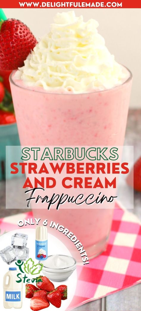 Starbucks Strawberries and Cream Frappuccino - Delightful E Made Starbucks Strawberry Cream Frappuccino, Starbucks Strawberries, Starbucks Strawberry Frappuccino, Blended Drink Recipes, Strawberry Frappe, Peach Milkshake, Starbucks Frappuccino Recipe, Frosted Lemonade, Greek Yogurt Flavors