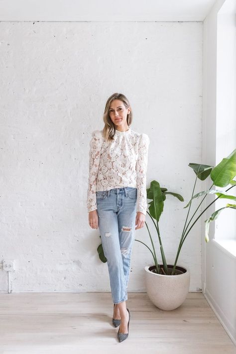 lace top with boyfriend jeans White Lace Top Outfit, Lace Top Outfit White, Lace Shirt Outfit, Lace Top Outfit, Spring Summer Capsule Wardrobe, Curvy Petite Fashion, Boyfriend Jean, White Lace Top, Lace Shirt