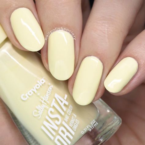 Sally Hansen Insta-Dri   Crayola Spring Fling Collection >> Nail Polish Society Sally Hansen Yellow Nail Polish, Yellow Nail Polish Ideas, Light Yellow Nails, Pedicure White, Finger Makeup, Light Nail Polish, Crayola Art, Spring Nail Polish, Yellow Nail