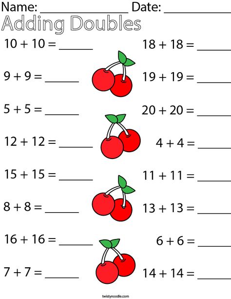 Math Work Sheets For 2nd Grade, Doubles Worksheet, Math Exam, Doubles Facts, Math Addition Worksheets, First Grade Math Worksheets, Twisty Noodle, Math Pages, Math Sheets