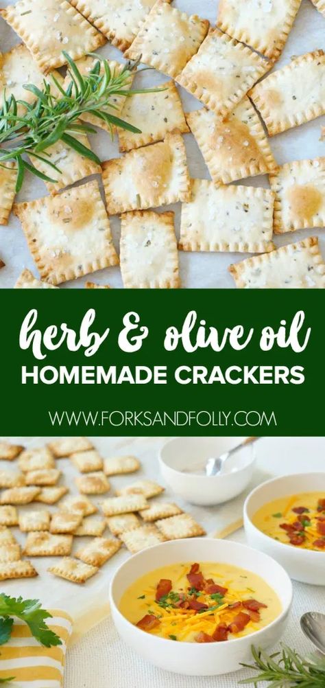 Homemade Crackers Recipe, Olive Oil Crackers, Cheesy Soup, Cheesy Potato Soup, Crackers Recipe, Loaded Potato Soup, Olive Oil Recipes, Soup Appetizers, Homemade Crackers