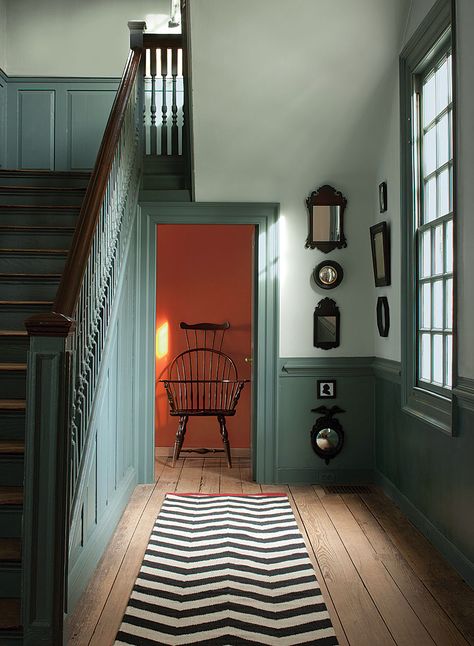 colonial verdigris CW-530 Benjamin Moore Color Hallway, Dröm Hus Planer, Wythe Blue, Painted Wainscoting, Benjamin Moore Gray, Dining Room Wainscoting, Wainscoting Styles, Green Hallway, Diy Wainscoting