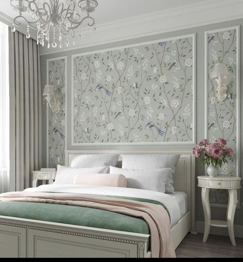 Bedroom Wallpaper Panels, Moulding With Wallpaper Bedroom, Box Trim Moulding With Wallpaper, Sage Bedroom Wallpaper, Wallpaper Murals Statement Wall Bedroom, Moulding Bedroom Design, Framed Wallpaper Bedroom, Wallpaper Panelling Bedroom, Paneling And Wallpaper Bedroom