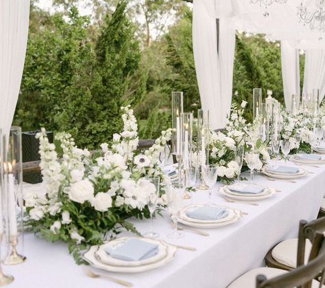 White Floral Runner Centerpiece, White Flower Long Table Arrangements, Wedding Table Flowers Long Tables, White Floral Runner Wedding, Long Table Decor For Wedding, Rectangular Table Florals Wedding, White Floral Centerpieces Long Table, Banquet Table Flowers, Rectangle Wedding Centerpieces