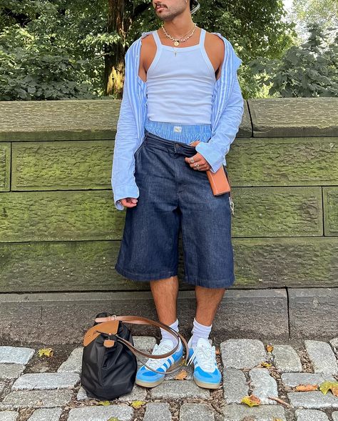 blues clues ——— summer outfit, blue, tank top, mirror selfie, nyc style, jorts outfit, men’s styling, boxers outfit Men Boxers Outfit, Blue Outfit Men Street Styles, Tank Top Mirror Selfie, Boxers Outfits, Tank Top Outfits Men, Boxers Outfit, Blue Outfit Men, Svt Concert, Style Jorts