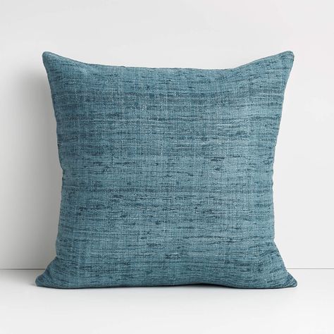 Aqua 20"x20" Square Cotton Sari Silk Decorative Throw Pillow with Feather-Down Insert + Reviews | Crate & Barrel Blue Green Throw Pillows, Aqua Pillows, Grey Pillow Covers, Silk Throw Pillows, Blue Pillows Decorative, Silk Pillow Cover, Cotton Sari, Blue Pillow Covers, Green Throw Pillows