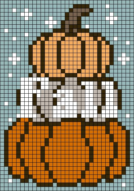 Scarecrow Perler Beads, Pixel Art Thanksgiving, Autumn Tapestry Crochet, Fall Perler Bead Designs, Fall Tapestry Crochet Pattern, Crochet Halloween Tapestry, Thanksgiving Pixel Art, Pixel Art Pattern Halloween, Thanksgiving Perler Bead Patterns