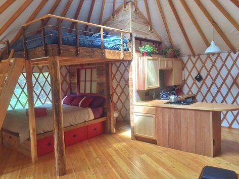 “Great use of space! Here is a 24' Pacific Yurt that utilizes a loft bed directly over another bed,…” Yurt Loft, Bunk Bed Designs For Teens, Yurt Interior, Yurt Home, Yurt Living, Bunk Beds With Stairs, Space Bedding, Kids Bunk Beds, Tiny Spaces