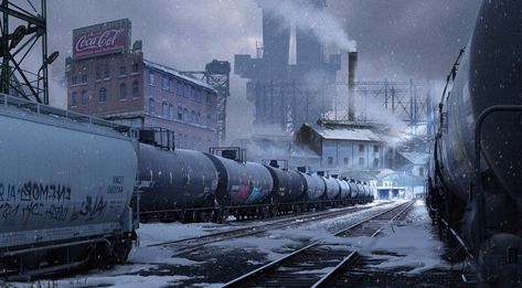 ArtStation - Winter: Trainyard, Alfven Ato Apocalypse Landscape, Dystopian Art, Fallout Concept Art, Nuclear Winter, Apocalypse Aesthetic, Apocalypse Art, Concept Art Tutorial, Winter City, Landscape Concept