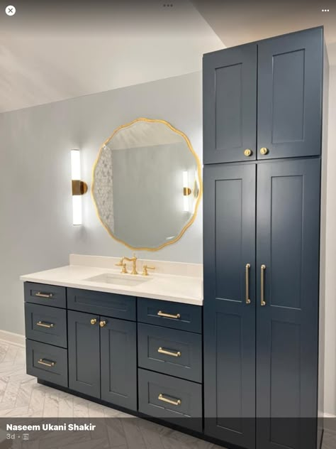 Bathroom Remodel One Sink, Bathrooms With Gold Hardware, Floor To Ceiling Cabinets Bathroom, Blue Cabinet Bathroom, Blue Vanity Bathroom Ideas, Dark Blue Vanity, Blue Bathroom Cabinets, Vanity With Linen Cabinet, Best Bathroom Paint Colors